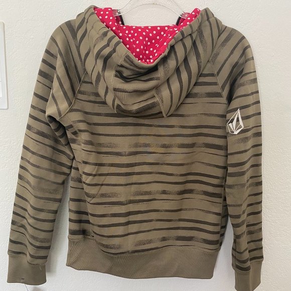 Volcom zip up hoodie zebra stripe camo green w/ white polka-dot red lined hood - Picture 5 of 8